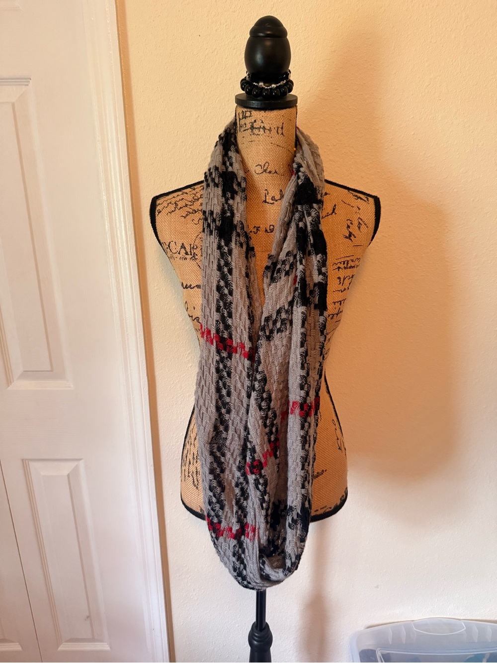 Light Gray Plaid Infinity Scarf with Black & Red Accents